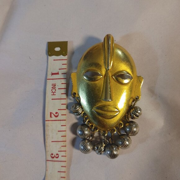 Large Tribal Mask Brooch Pin Mayan Aztec African Vintage Dangling Silver Balls - Picture 7 of 13
